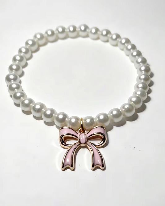 Pearl Collar with Pink Bow Charm