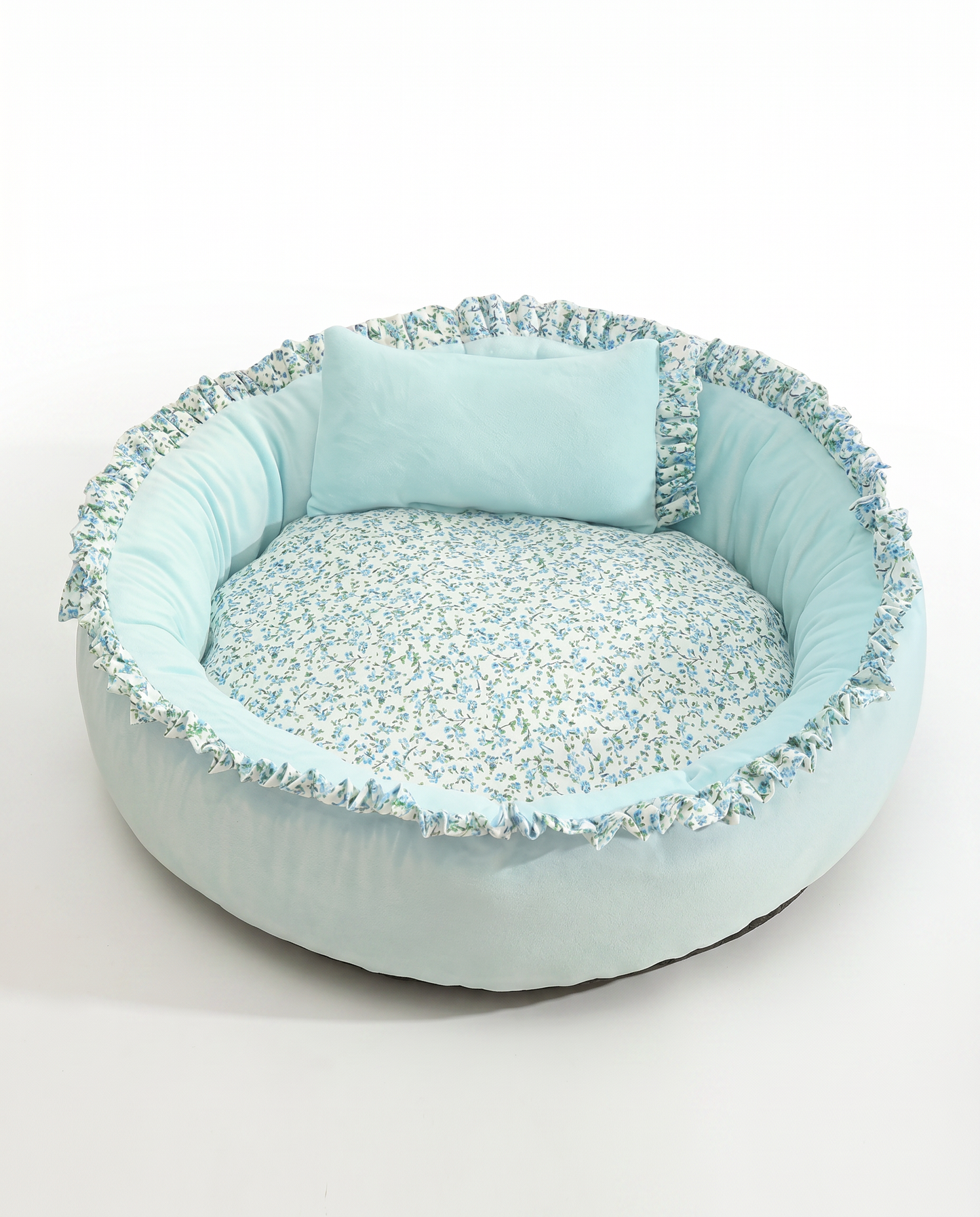 Floral Ruffle Round Pet Bed - Blue