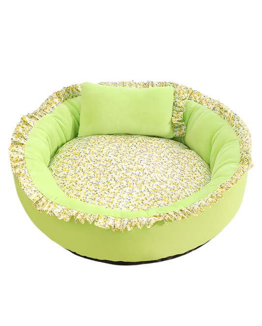 Floral Ruffle Round Pet Bed - Green