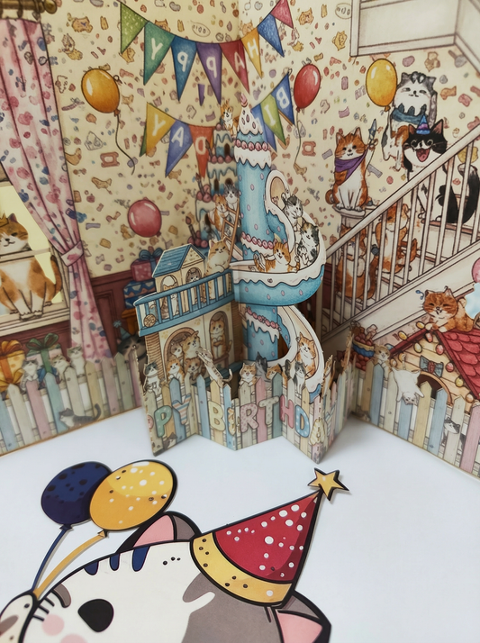 Cat Birthday House 3D Pop-Up Card with Die-Cut Cat Figure