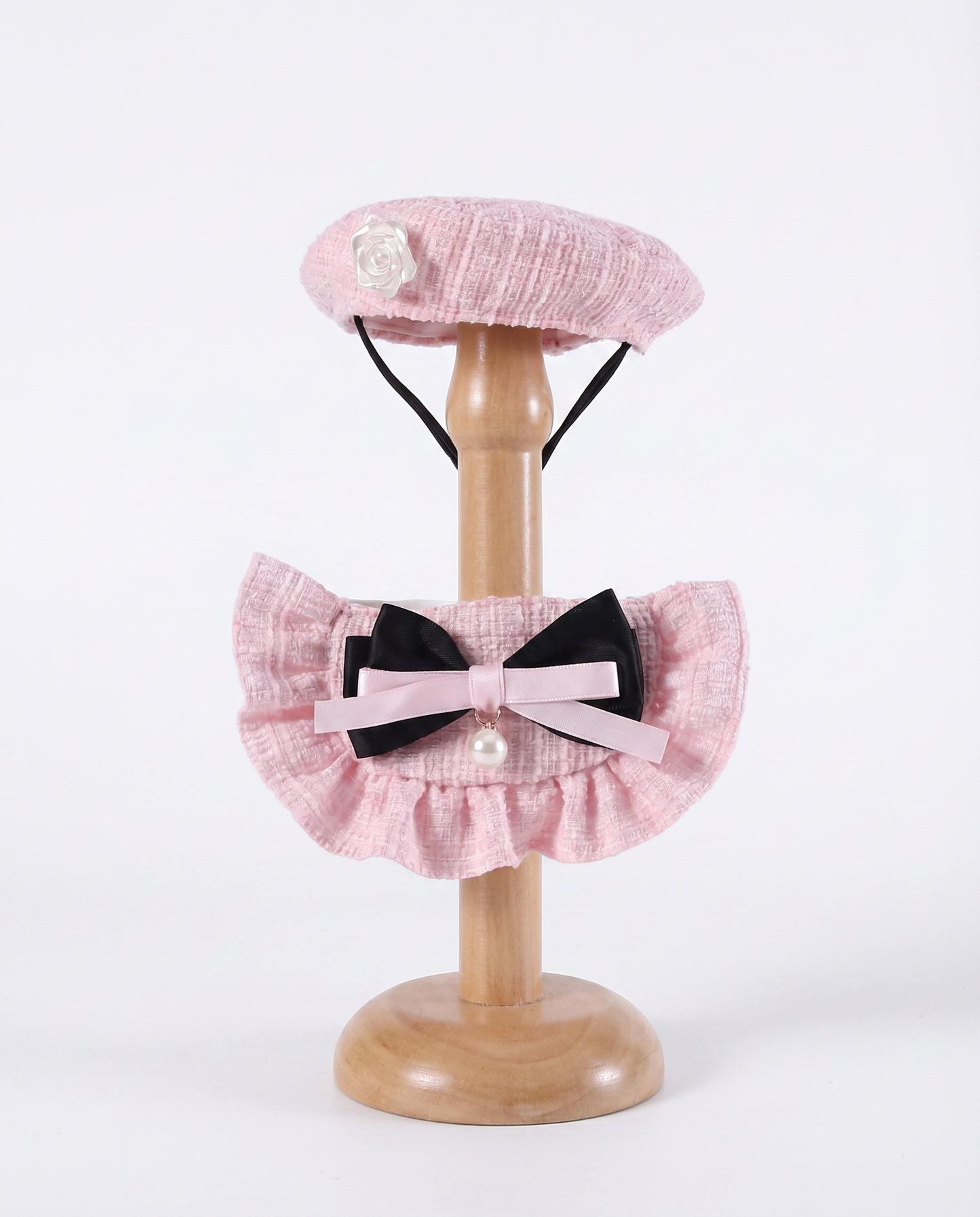 Pink Tweed Beret & Ruffle Collar Set