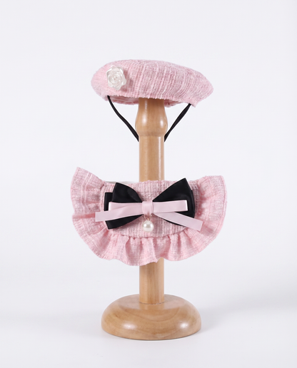 Pink Tweed Beret & Ruffle Collar Set