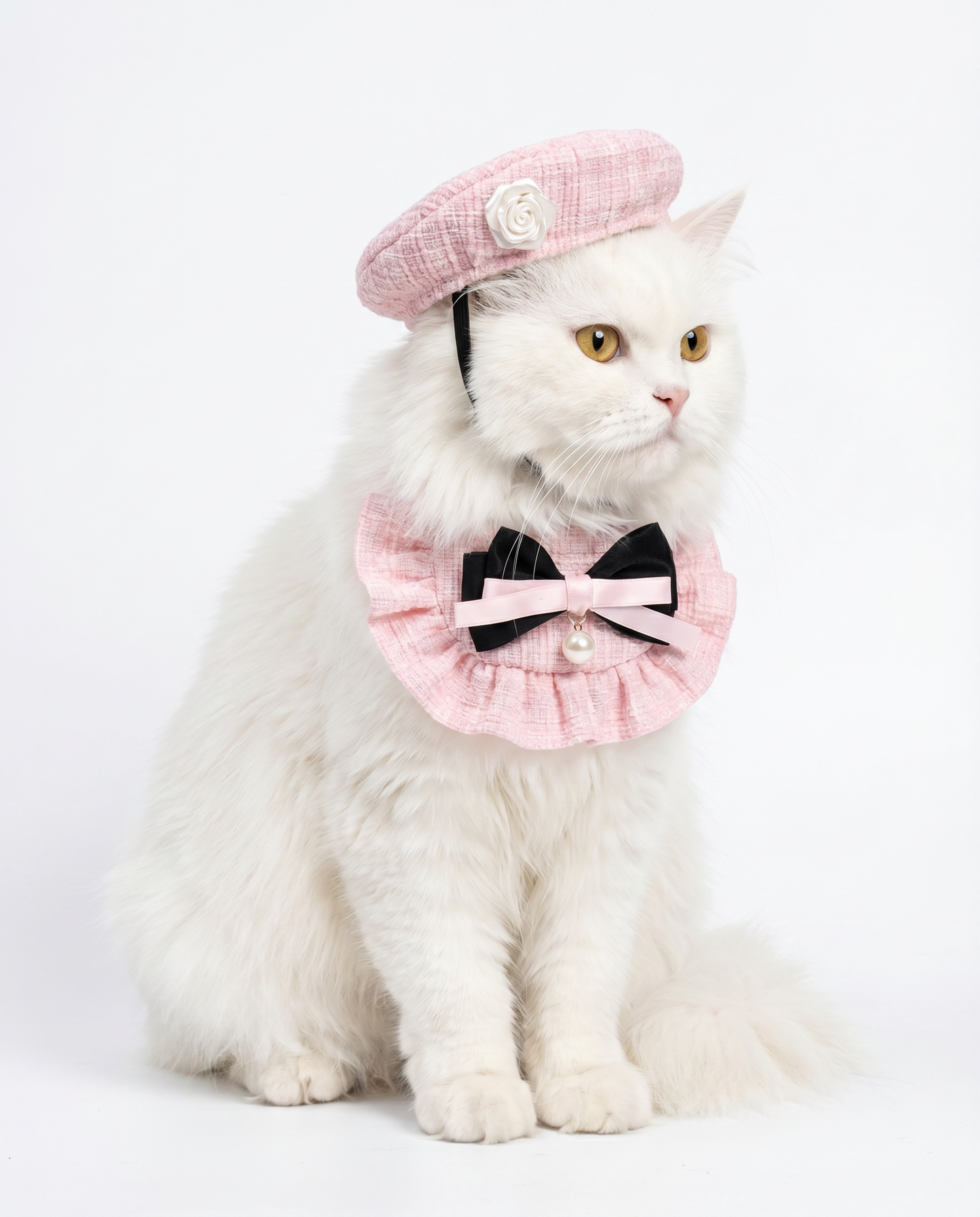 Pink Tweed Beret & Ruffle Collar Set