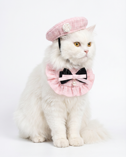 Pink Tweed Beret & Ruffle Collar Set