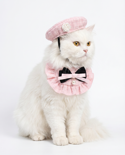 Pink Tweed Beret & Ruffle Collar Set