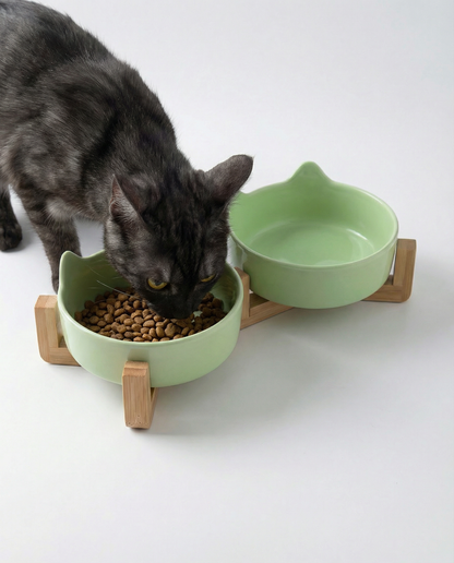 Cat Ear Ceramic Double Bowl Set with Bamboo Stand