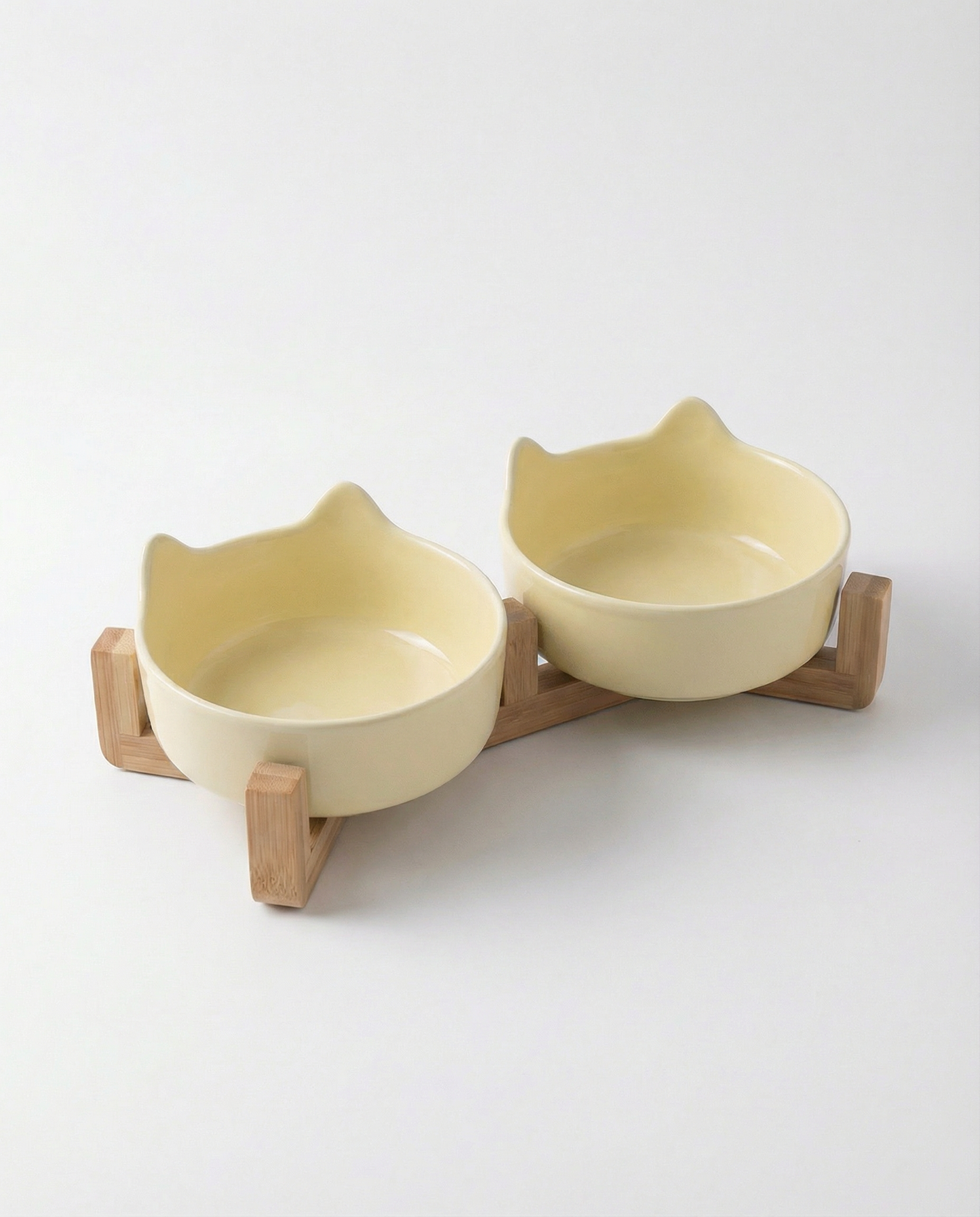 Cat Ear Ceramic Double Bowl Set with Bamboo Stand