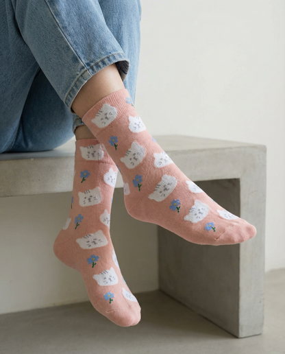 Cat Face Floral Socks