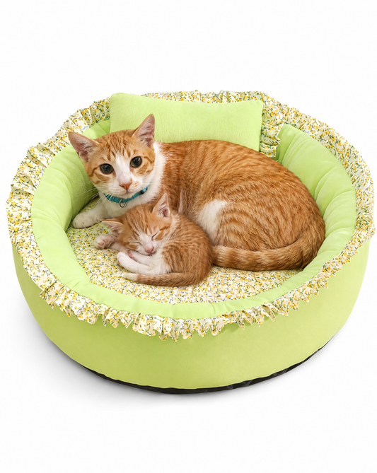 Floral Ruffle Round Pet Bed - Green