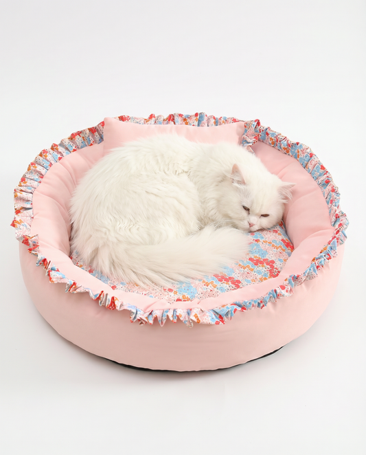 Floral Ruffle Round Pet Bed - Pink