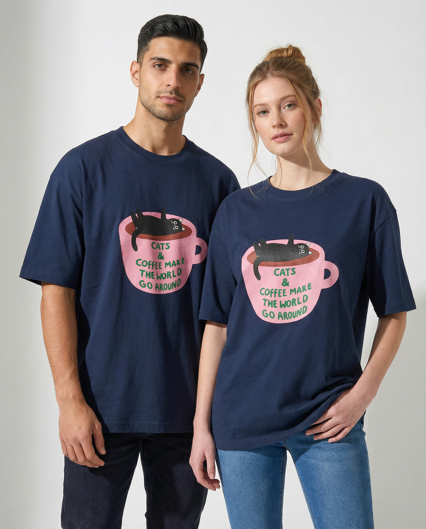 "Cats & Coffee Make The World Go Around" Tee — Navy Unisex