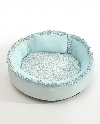 Floral Ruffle Round Pet Bed - Blue