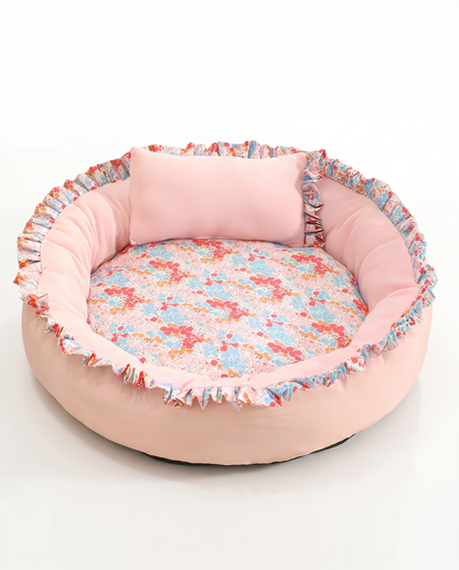 Floral Ruffle Round Pet Bed - Pink