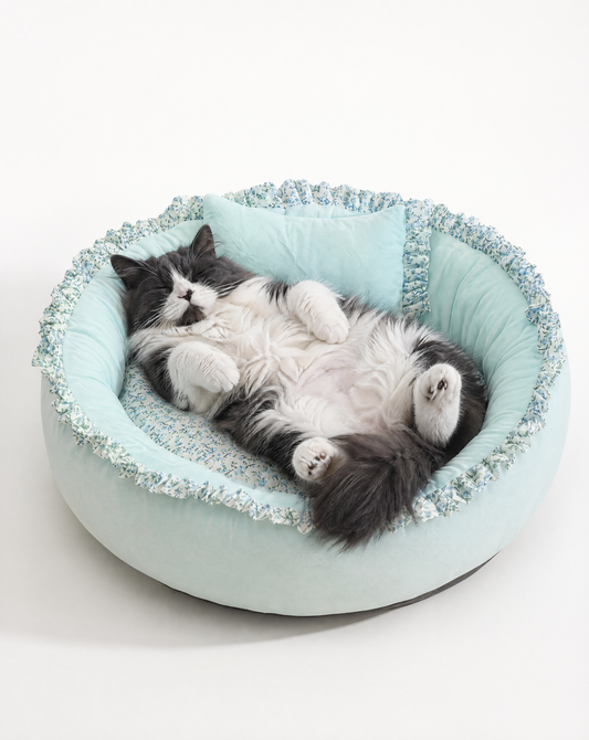 Floral Ruffle Round Pet Bed - Blue