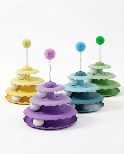 3-Tier Ball Track Tower Cat Toy with Spring Pompom