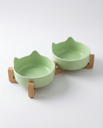 Cat Ear Ceramic Double Bowl Set with Bamboo Stand