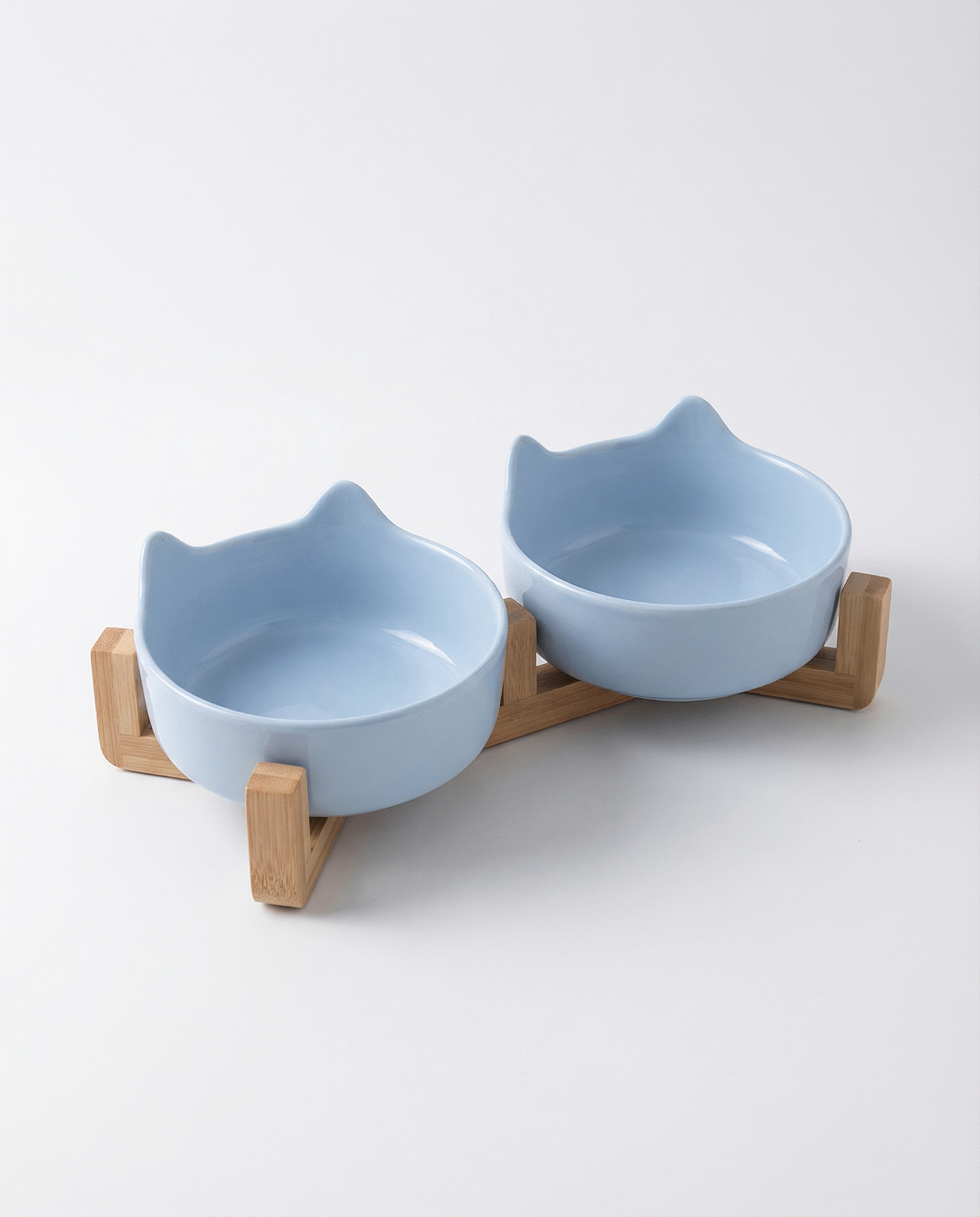 Cat Ear Ceramic Double Bowl Set with Bamboo Stand