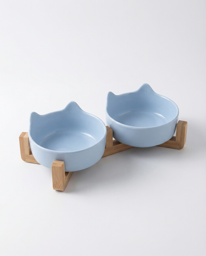 Cat Ear Ceramic Double Bowl Set with Bamboo Stand