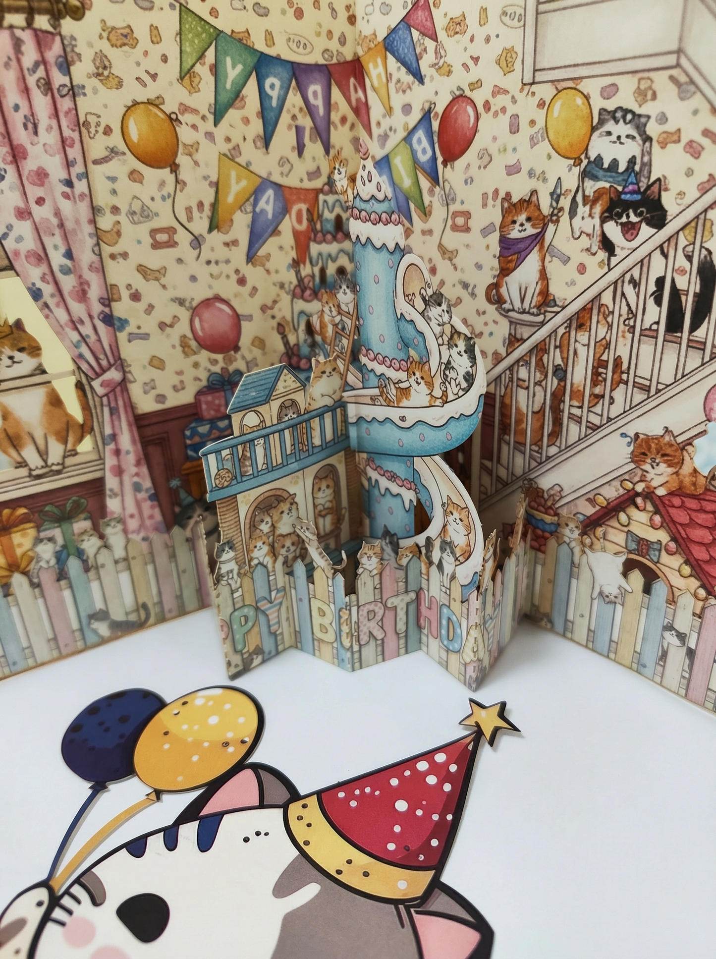 Cat Birthday House 3D Pop-Up Card with Die-Cut Cat Figure