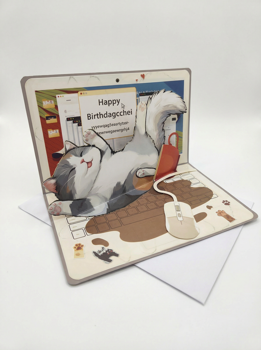 Cat & Coffee on the Laptop 3D Pop-Up Birthday Card