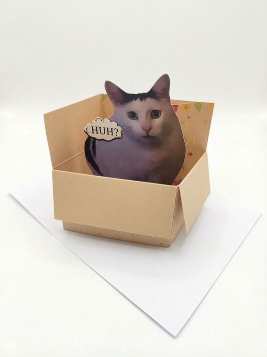 "HUH?" Cat in a Box 3D Pop-Up Card