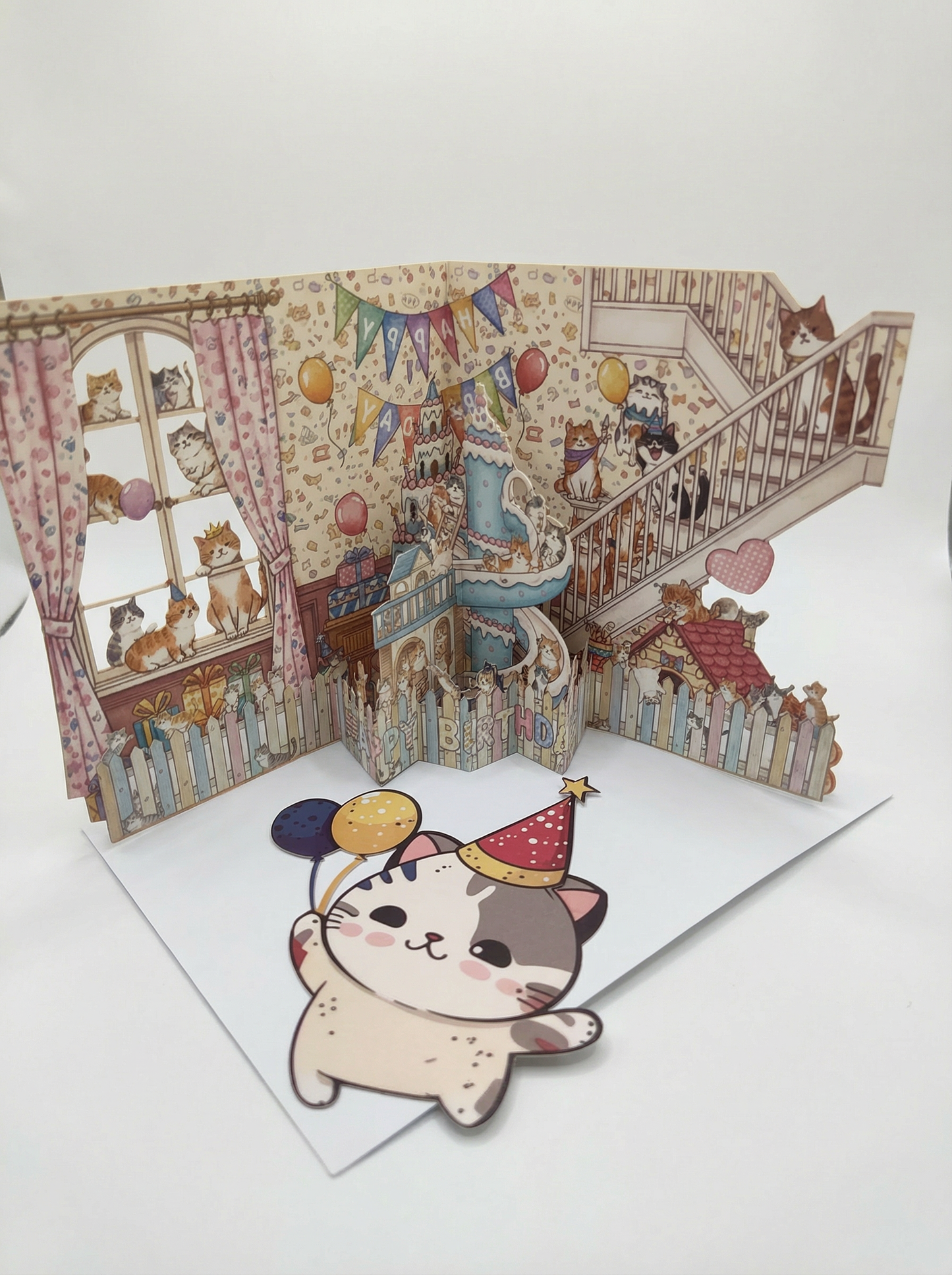 Cat Birthday House 3D Pop-Up Card with Die-Cut Cat Figure