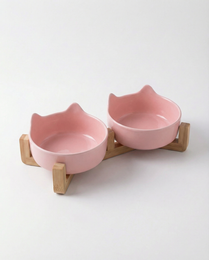 Cat Ear Ceramic Double Bowl Set with Bamboo Stand