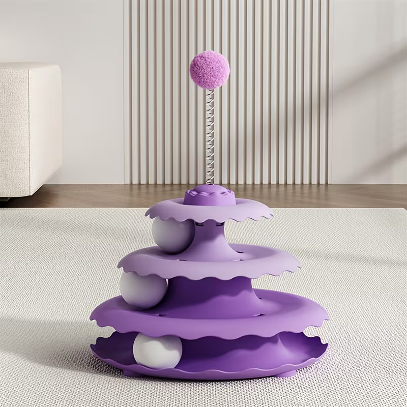 3-Tier Ball Track Tower Cat Toy with Spring Pompom