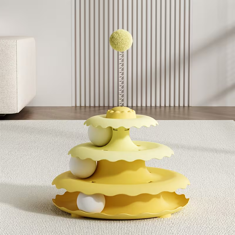 3-Tier Ball Track Tower Cat Toy with Spring Pompom